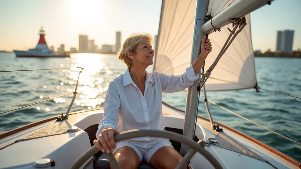 Active senior confidently steering a sailboat on Tampa Bay toward a lighthouse, symbolizing the steady direction of guaranteed lifetime income in retirement