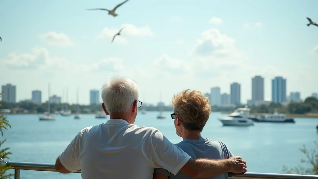 Serene senior couple observing Tampa Bay skyline from marina, illustrating safety and market risk protection with guaranteed lifetime income