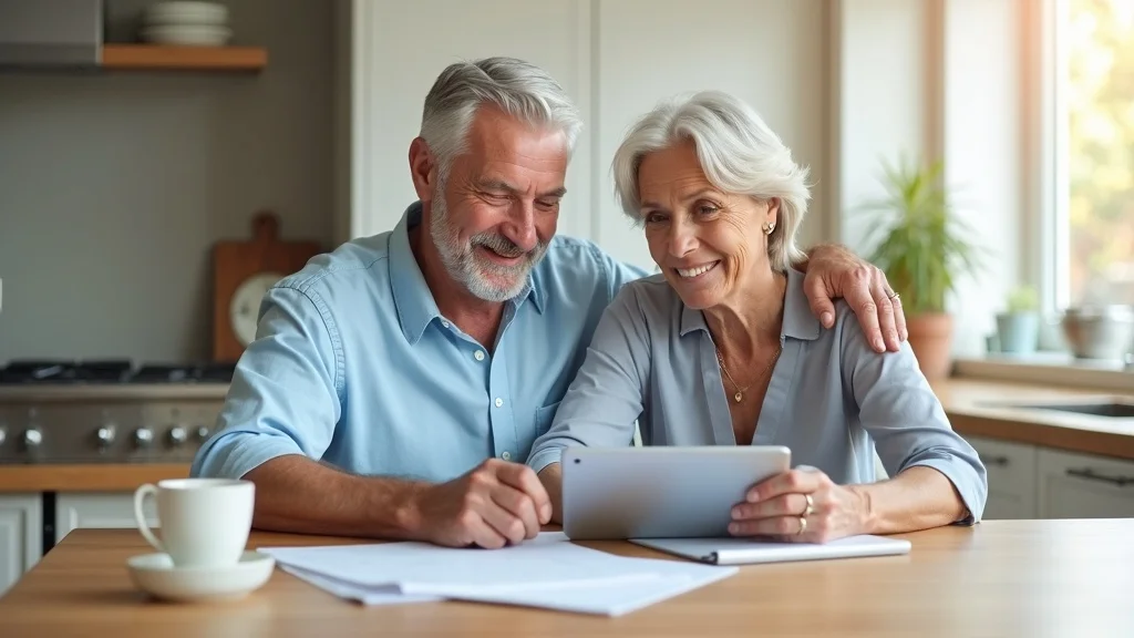 Middle-aged to senior couple reviewing a retirement plan with confidence at a modern Tampa home, illustrating fixed annuities and guaranteed growth
