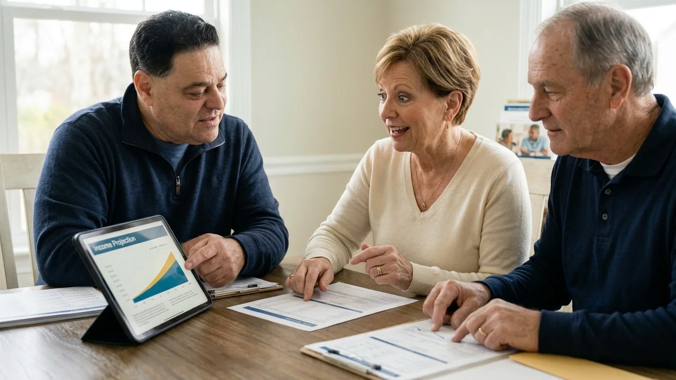 Florida financial advisor gently reassuring retired couple—guaranteed lifetime income guidance