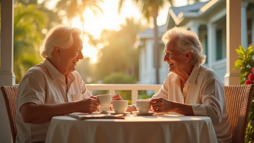Bright, inviting Tampa neighborhood with relaxed seniors enjoying morning coffee on a sunny porch, illustrating guaranteed lifetime income in Tampa