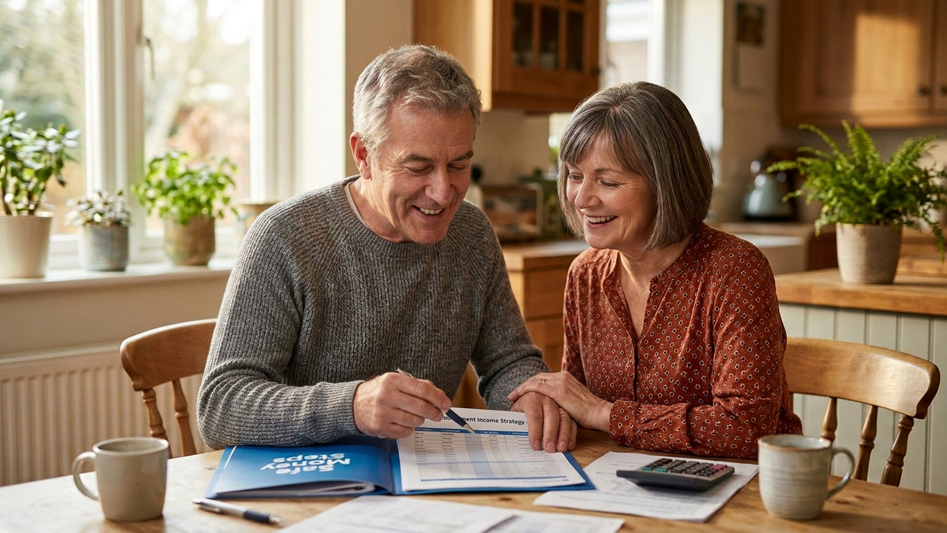 Helpful financial advisor in Tampa explaining assisted living payment options to senior couple with visual aids