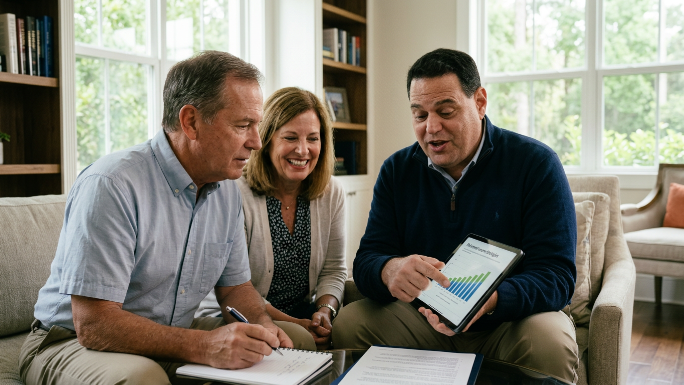 Senior couple with financial advisor discussing how to pay for assisted living in Tampa, cityscape view in background, relaxed and thoughtful expressions