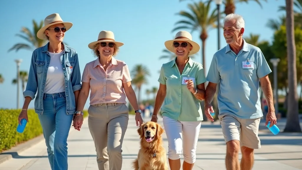 Energetic seniors with Medicare ID cards enjoying Tampa waterfront, highlighting active retirement lifestyle and importance of enrollment periods