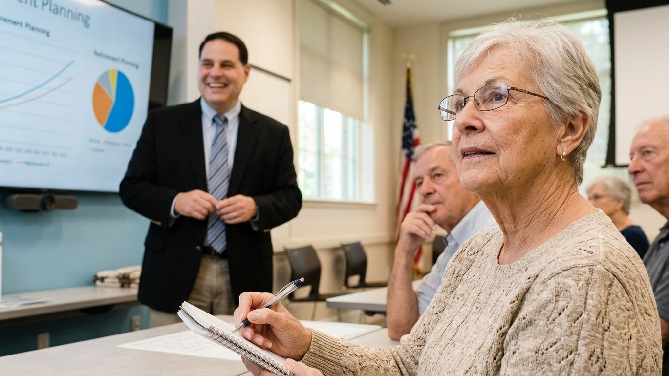 Financial advisor in Florida showing cost charts about assisted living to attentive retirees, with a tablet and supportive setting in a bright office, emphasizing thoughtful financial discussion.