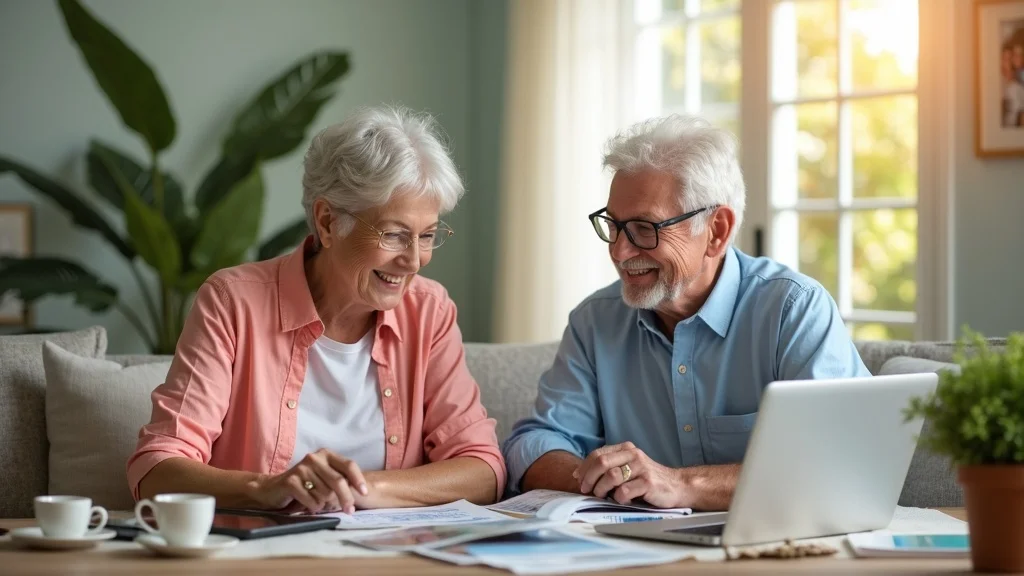 Happy Tampa couple reviewing retirement plan at a home table with travel brochures, laptop, and cozy tropical living room.