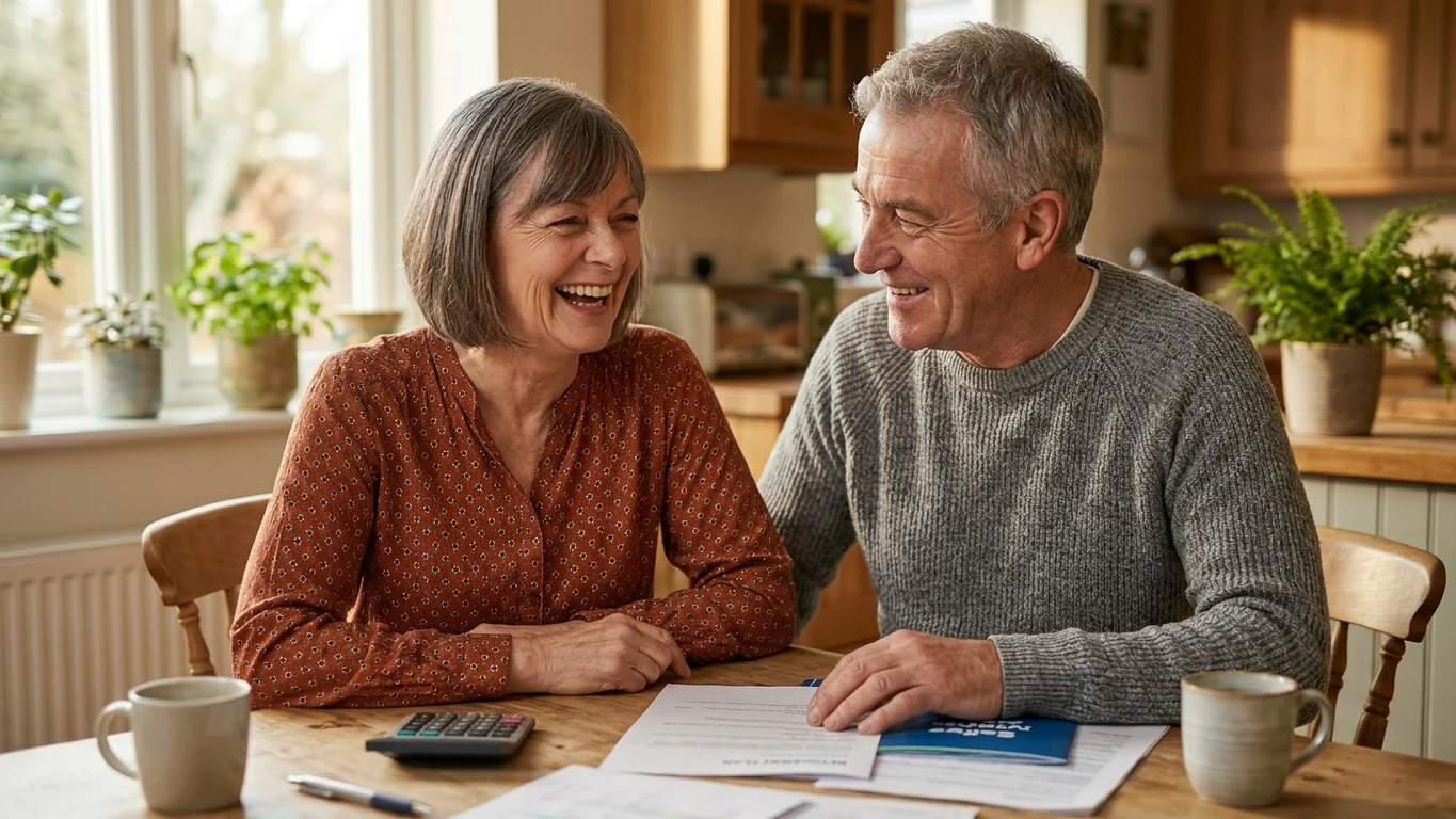 Retirement advisor and mature couple reviewing a Turning 65 Medicare checklist Florida printout in a friendly, Florida-inspired office.