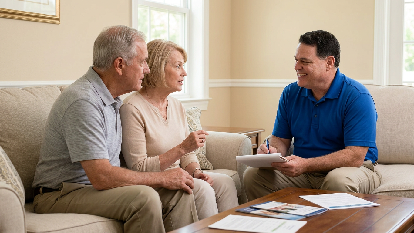 Professional financial advisor in Tampa reviewing care insurance options with senior client, digital charts and bay window, approachable guidance — care insurance Tampa