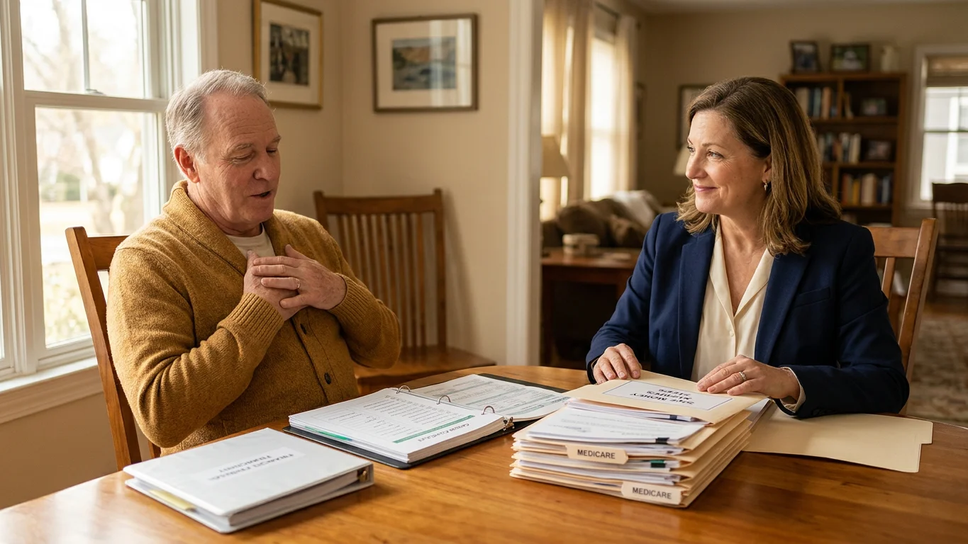 Florida retirees sitting at kitchen table comparing Medicare documents, smiling and relaxed - Medicare Advantage vs Medigap in Florida