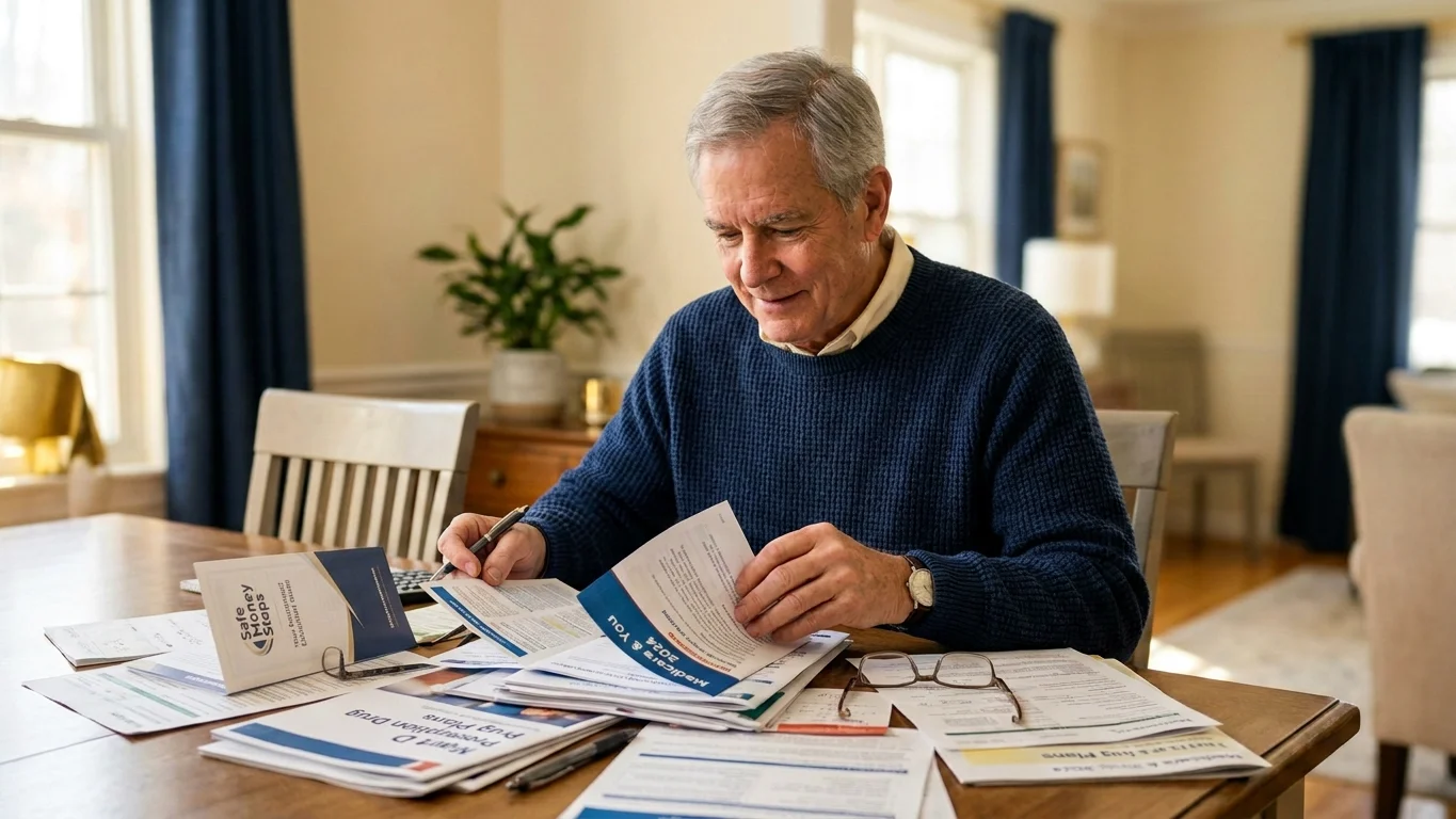 Senior man reviewing Medicare plan options, comparing Medicare Advantage and Original Medicare brochures with a tablet in a Florida home study.