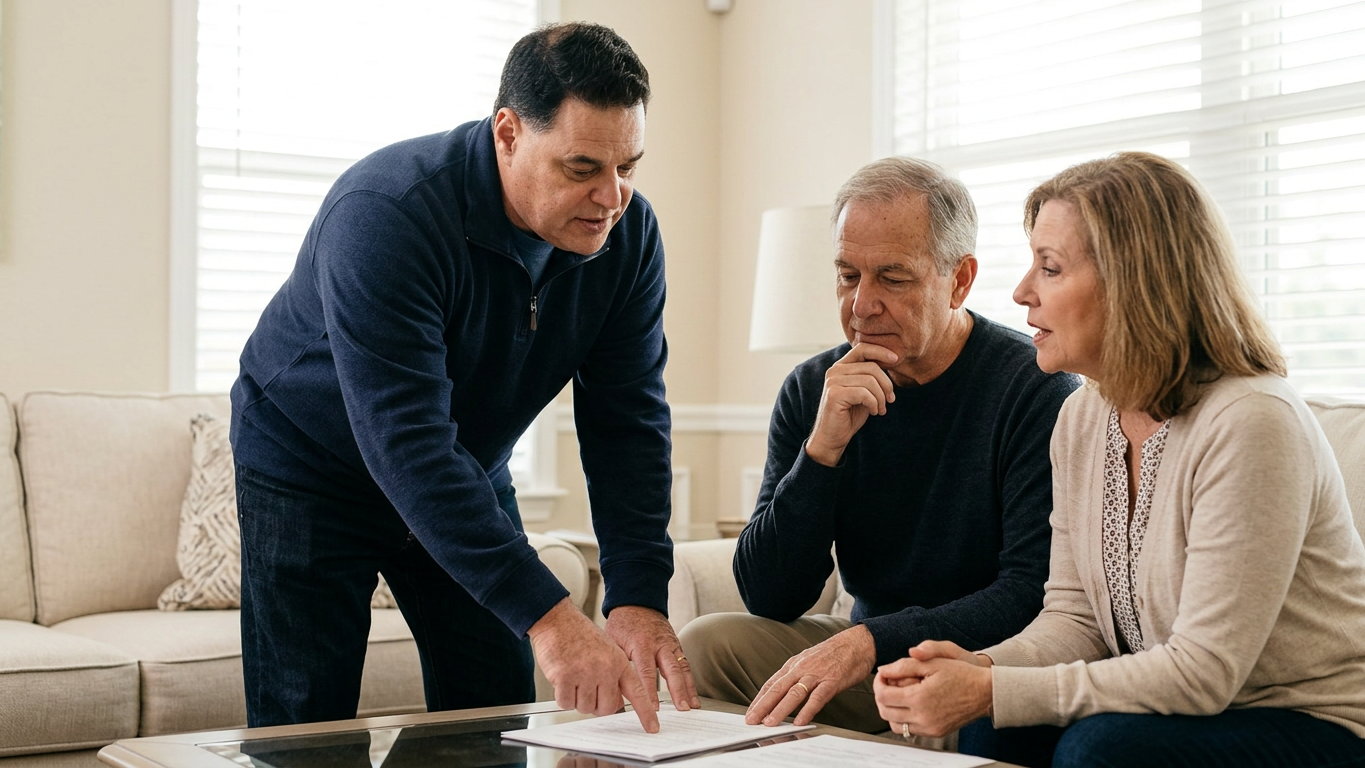 Sincere multi-generational family gathered in a Tampa living room for a care planning discussion, warm and clear communication, homey ambiance