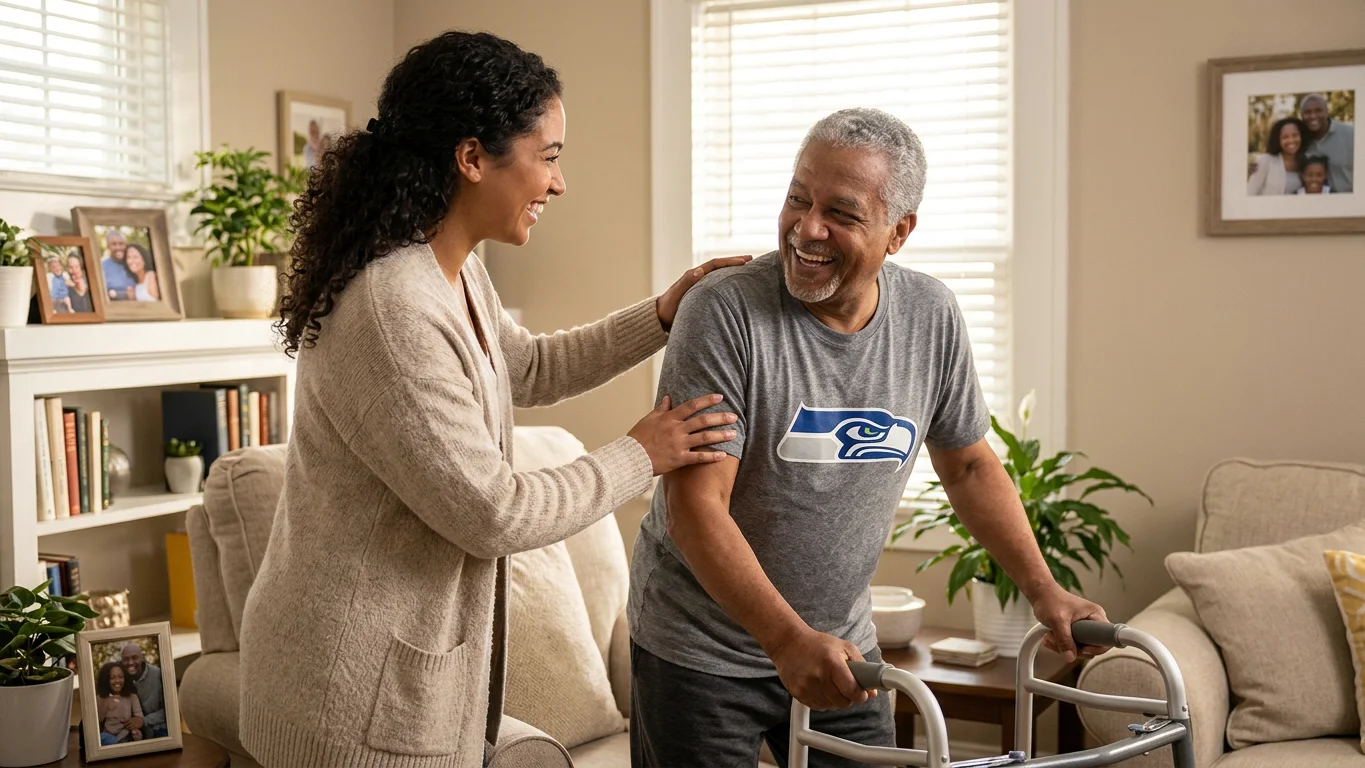 Multi-generational family discussing how to pay for assisted living in Florida, gathered around a kitchen table with documents and coffee. Warm expressions, natural light, coastal blue palette.
