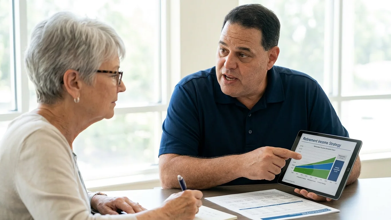 Senior asking Medicare questions to a knowledgeable insurance advisor in a Tampa office