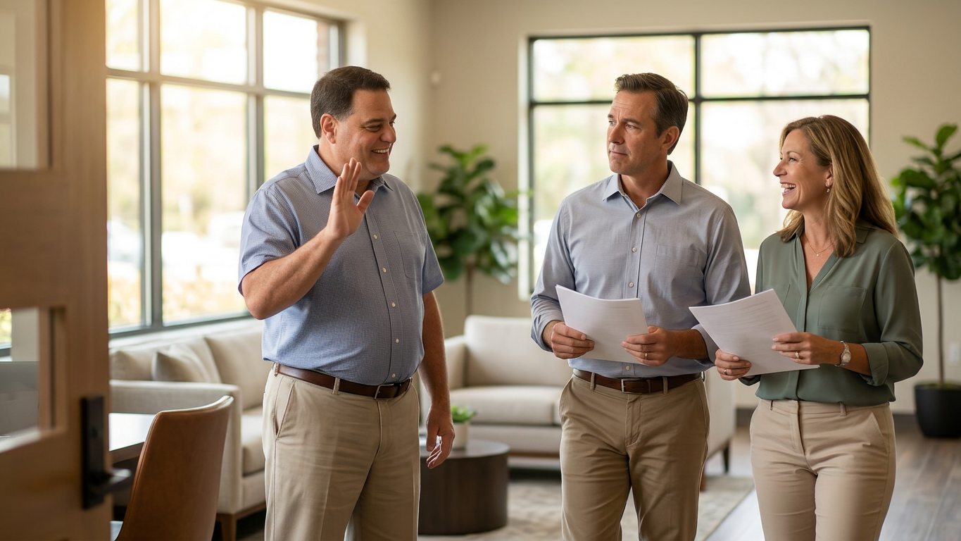 Reassuring Florida financial planner guiding senior clients through a written assisted living plan on a tablet, in a modern, sunlit office with teal and coral accents.