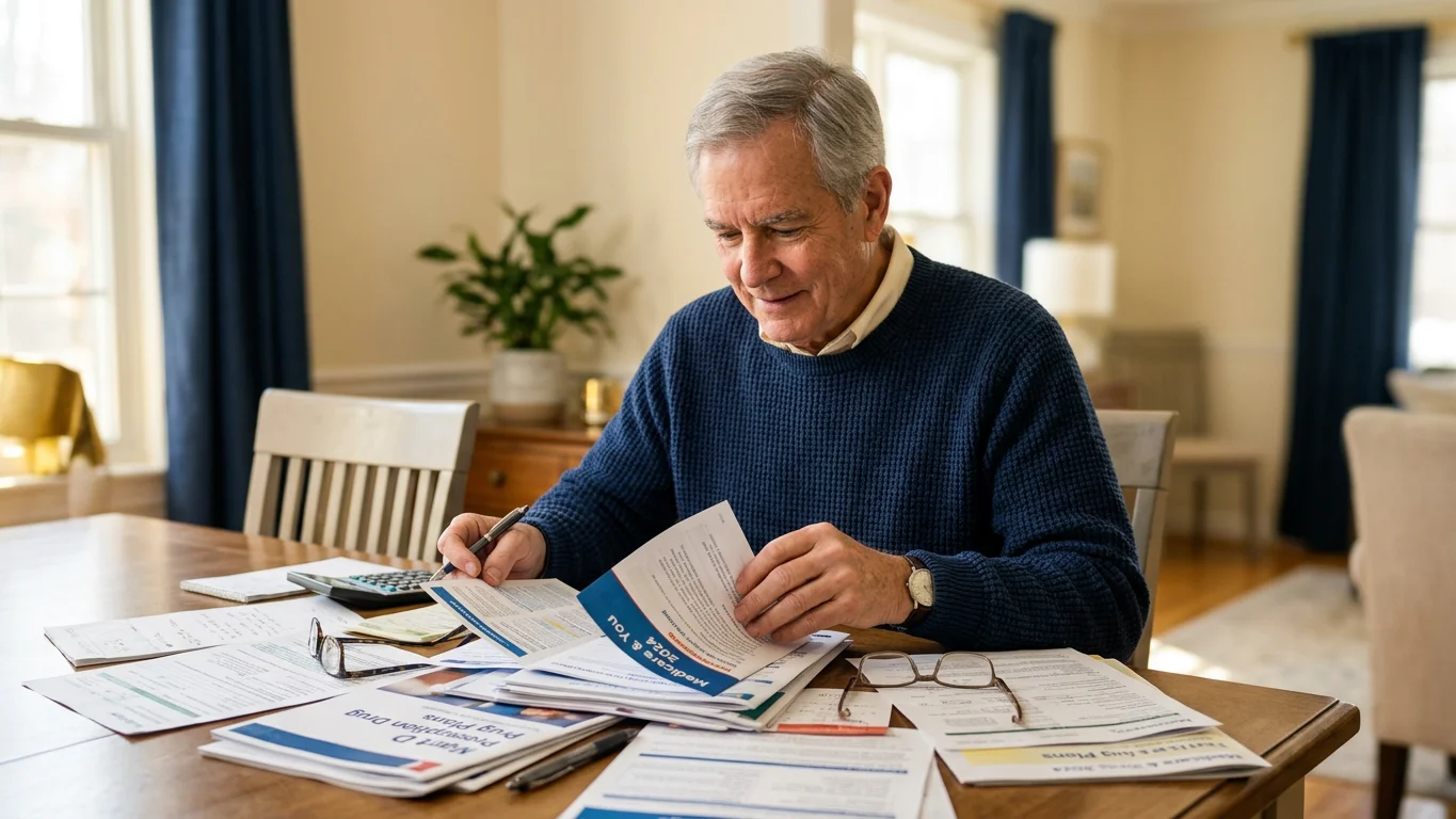 Hopeful senior couple reviewing how to pay for assisted living in Florida, looking at finance paperwork together in their cozy home, gentle expressions, sunlit dining room, soothing color palette.