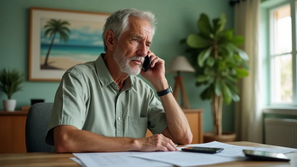 Worried Tampa retiree calling insurance company regarding Medicare enrollment periods, surrounded by documents, open enrollment kit, and calculator at a desk, conveying the stress of missed deadlines