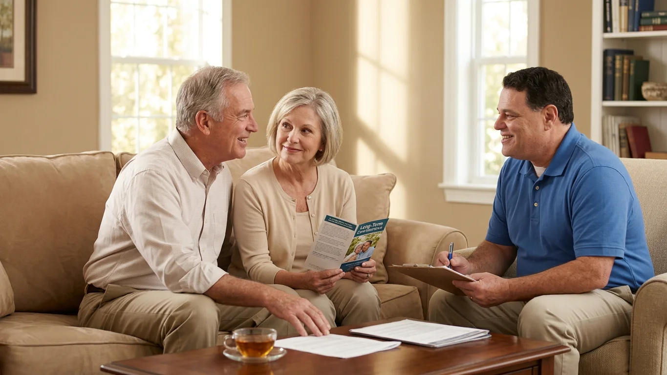 Financial advisor and client reviewing coverage options for long-term care insurance cost in Tampa with charts and digital tablets