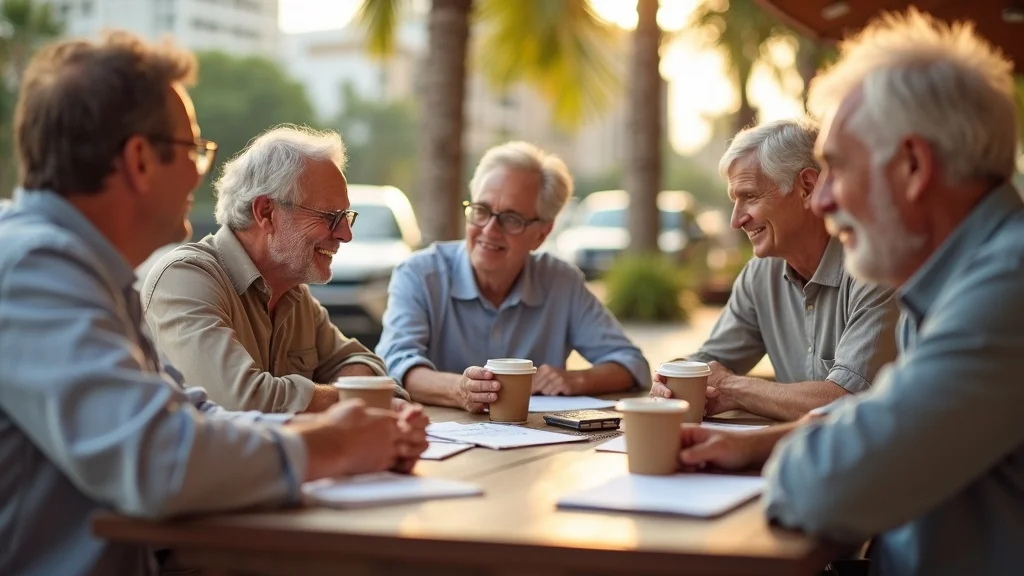 Inviting Tampa retirees discussing annuity vs 401(k) at an outdoor Tampa café, with palm trees and paperwork, in warm sunlight.