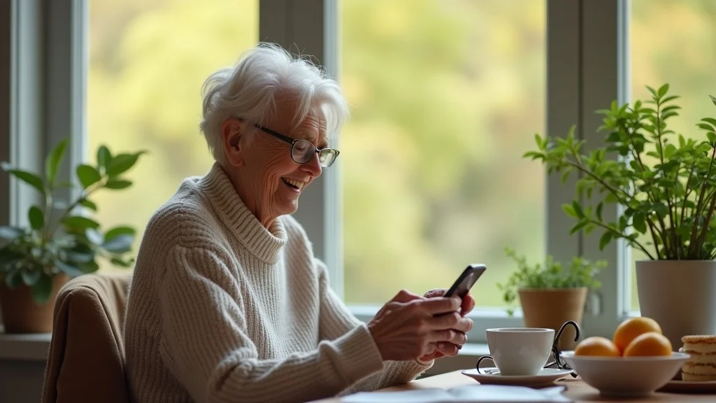 Smiling retiree checking monthly annuity deposits on smartphone at a breakfast nook with backyard greenery in Tampa.