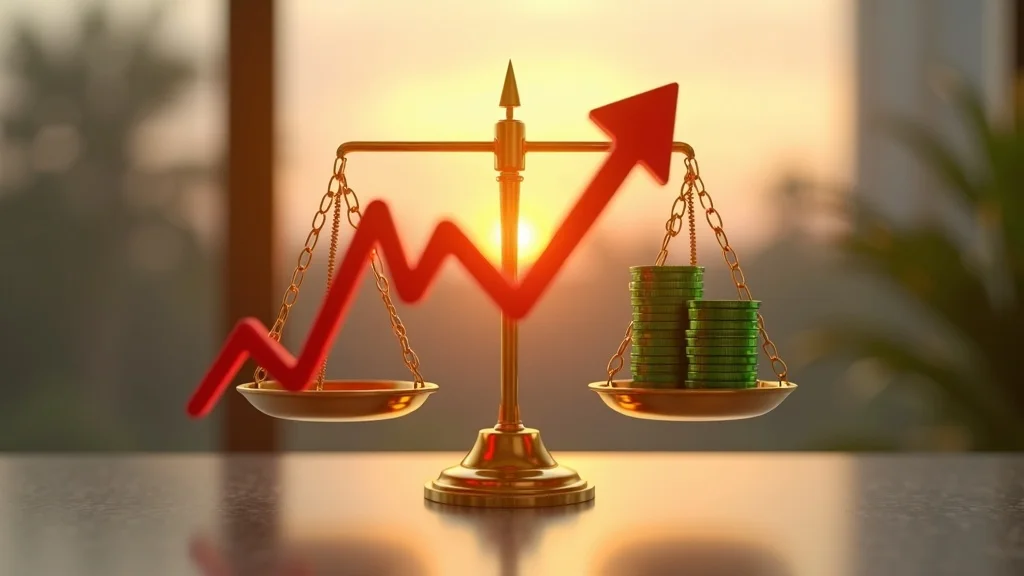 Balanced golden scale with a jagged red market arrow on one side and secure green coins on the other, at Tampa sunset.