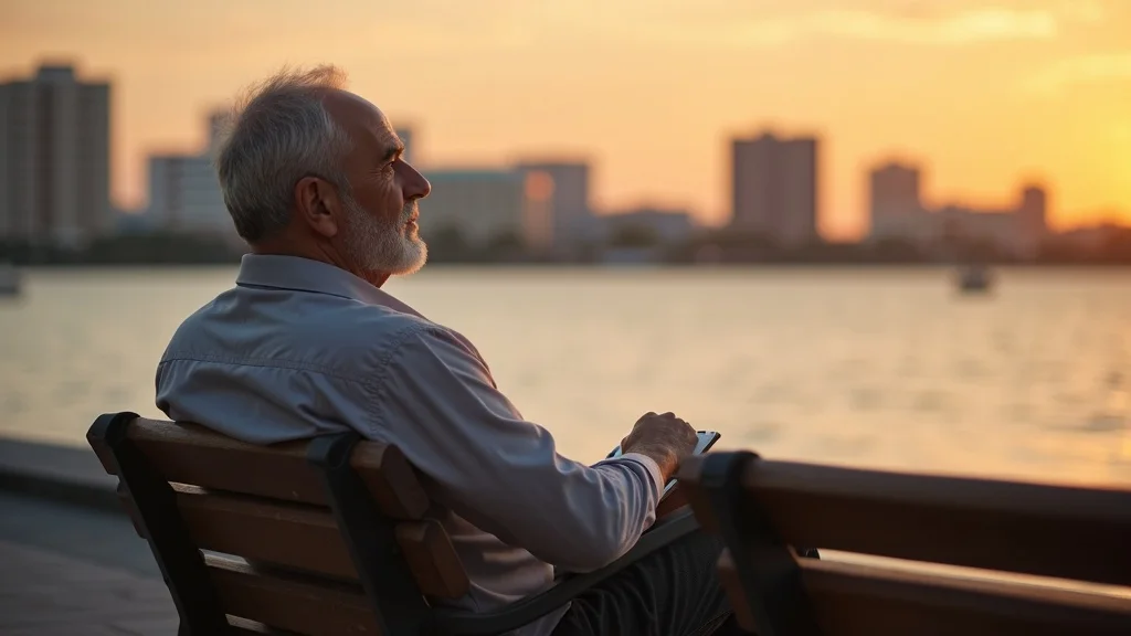 A middle-aged person sits alone on a Tampa waterfront bench at sunset, notepad in hand, reflecting on retirement options.