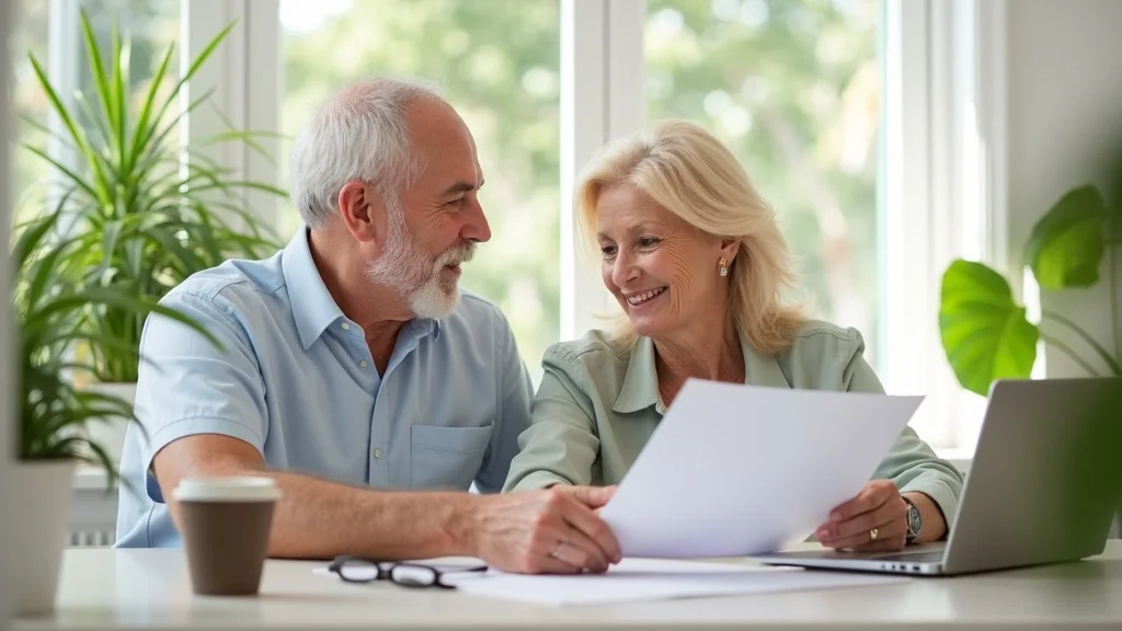 Senior couple reviewing Medicare enrollment documents in bright modern Florida kitchen, relaxed and smiling, featuring laptop and paperwork, representing Medicare enrollment periods explained Tampa