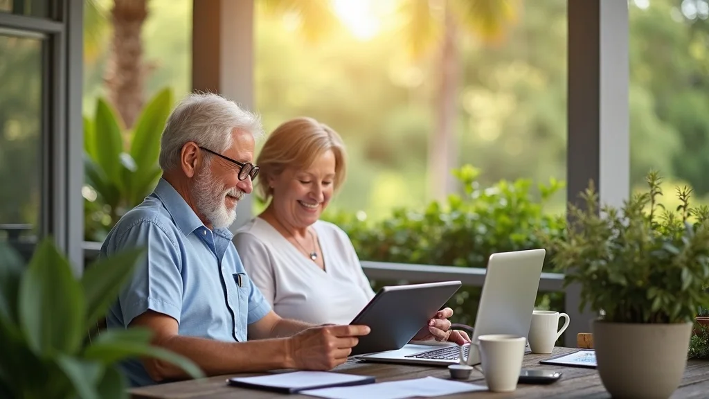 Retiree couple reviewing annuity payout options for $100,000 income plan on a tablet, outdoors in Tampa
