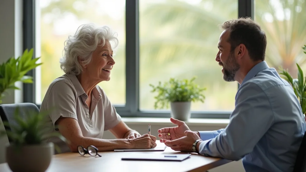 Licensed Tampa insurance agent explaining Medicare enrollment periods to a retiree, with brochures and sunny tropical décor for approachable guidance