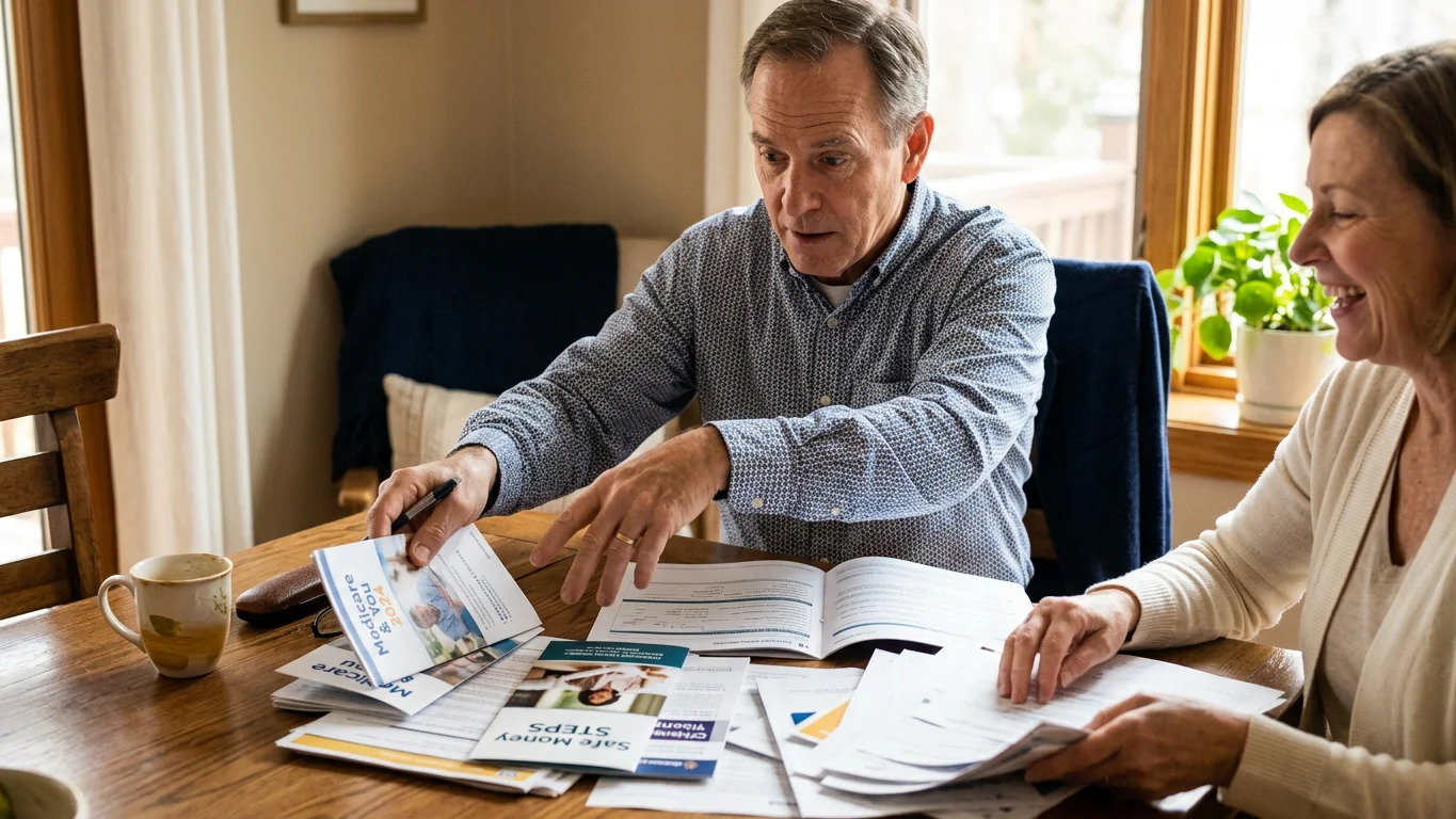 Medicare card on a white desk with Florida healthcare icons and a stethoscope, showing Medicare Advantage and Medigap options