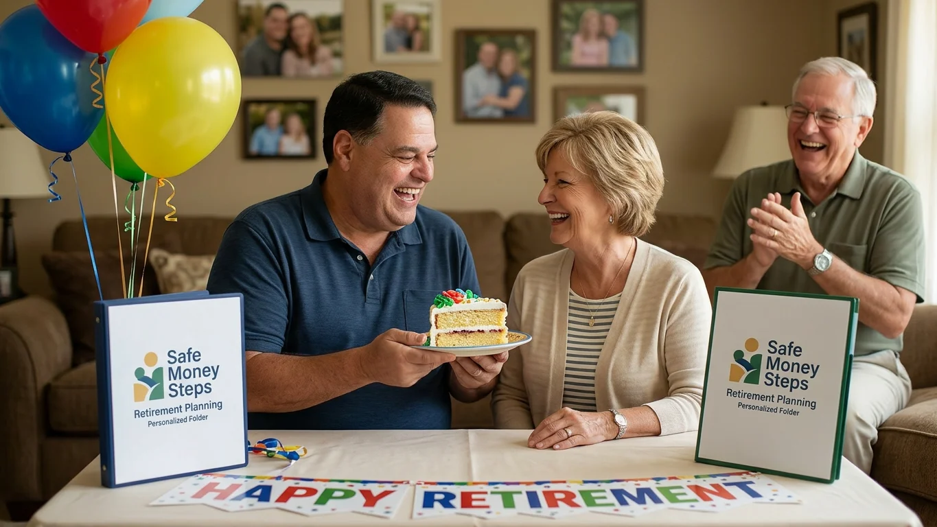 Retirement advisor smiling and guiding senior couple through a personalized Medicare planning document in a Florida coastal art-filled room.