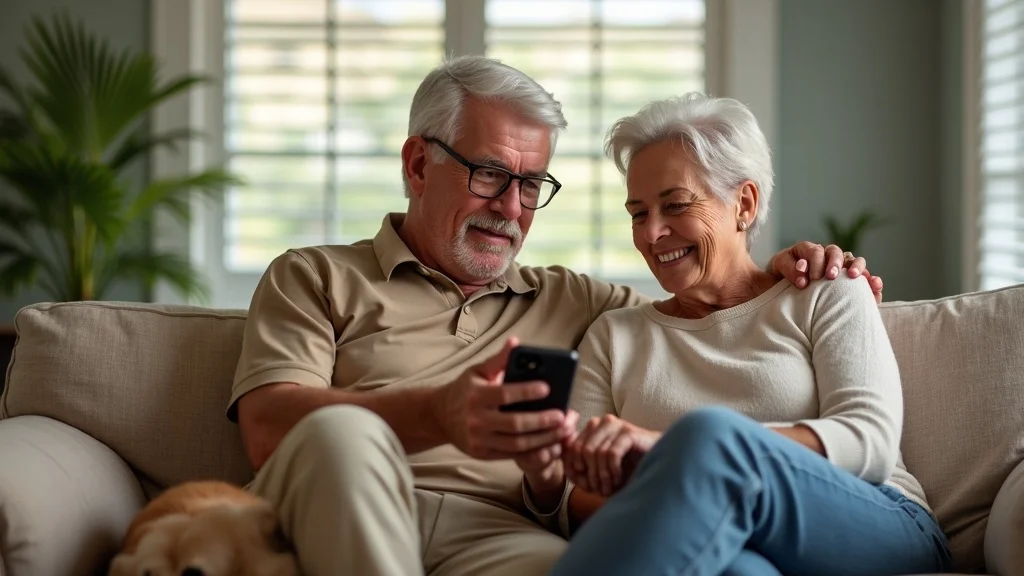 Retired couple and their dog during a weather alert in Tampa, calmly discussing financial plans in a cozy living room.