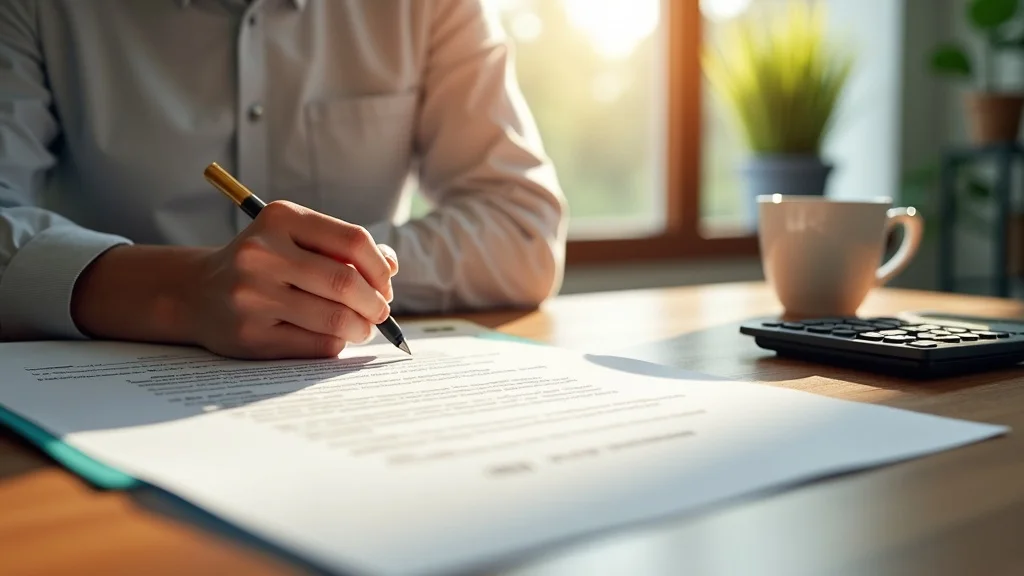 Signing an annuity contract and reviewing a monthly income schedule at a sunny wooden desk, with calculator and coffee.