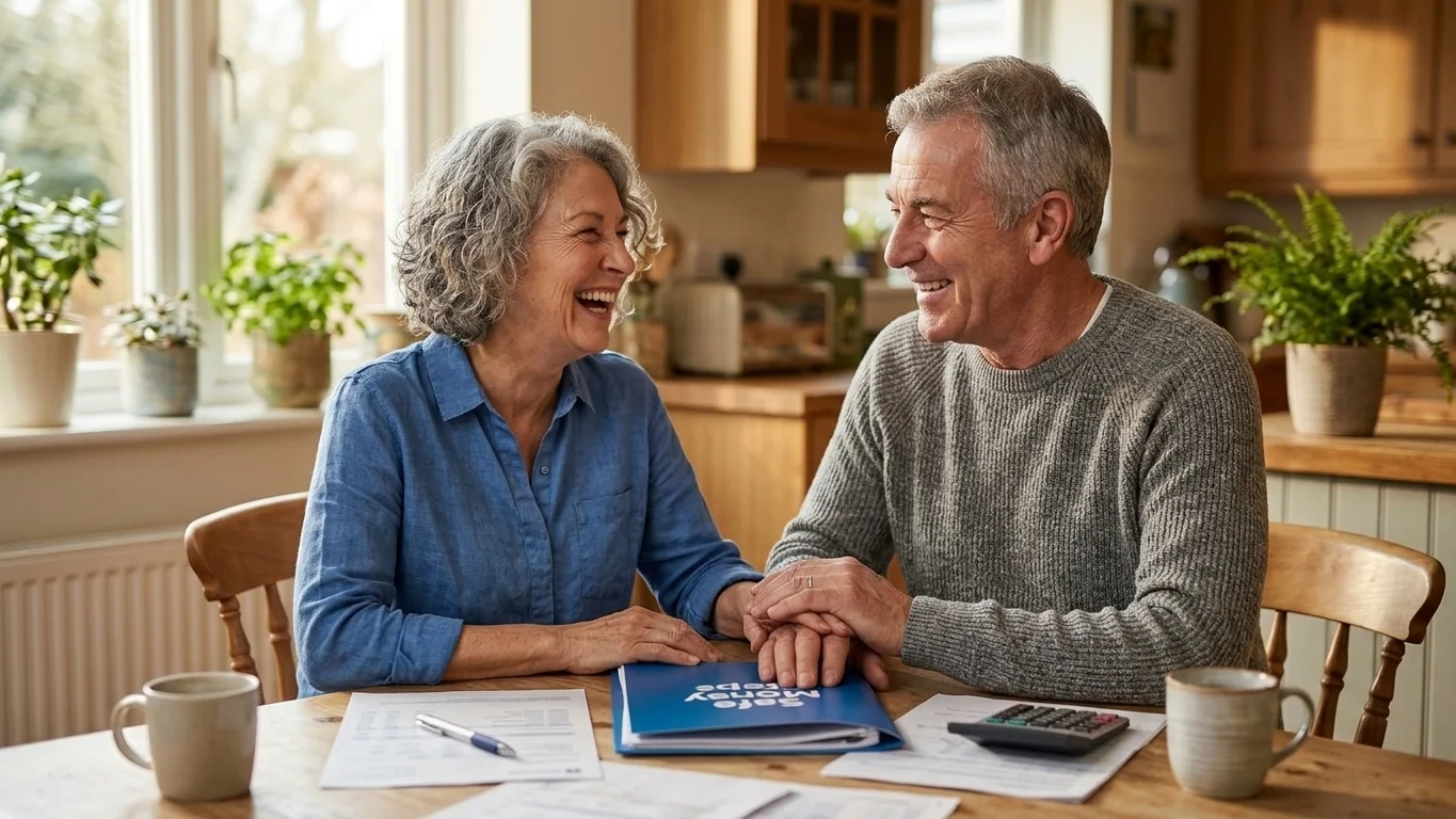 Inviting, organized Tampa home office with bright natural light. Relaxed older adult reviewing Medicare documents at a tidy desk with a file folder, laptop, and coffee mug, coastal Florida greenery outside the window. Emphasizes warmth and calm — turning 65 Medicare checklist Tampa.