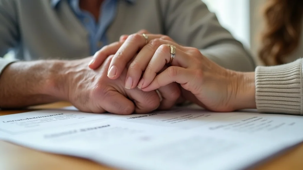 Close-up of senior Tampa couple holding hands over life insurance documents