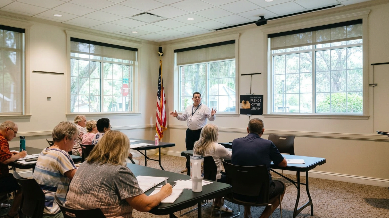 Diverse group engaging in a Medicare workshop near me in Florida, seated at tables with informational pamphlets in a bright Florida community center, natural sunlight, and greenery visible through the windows.