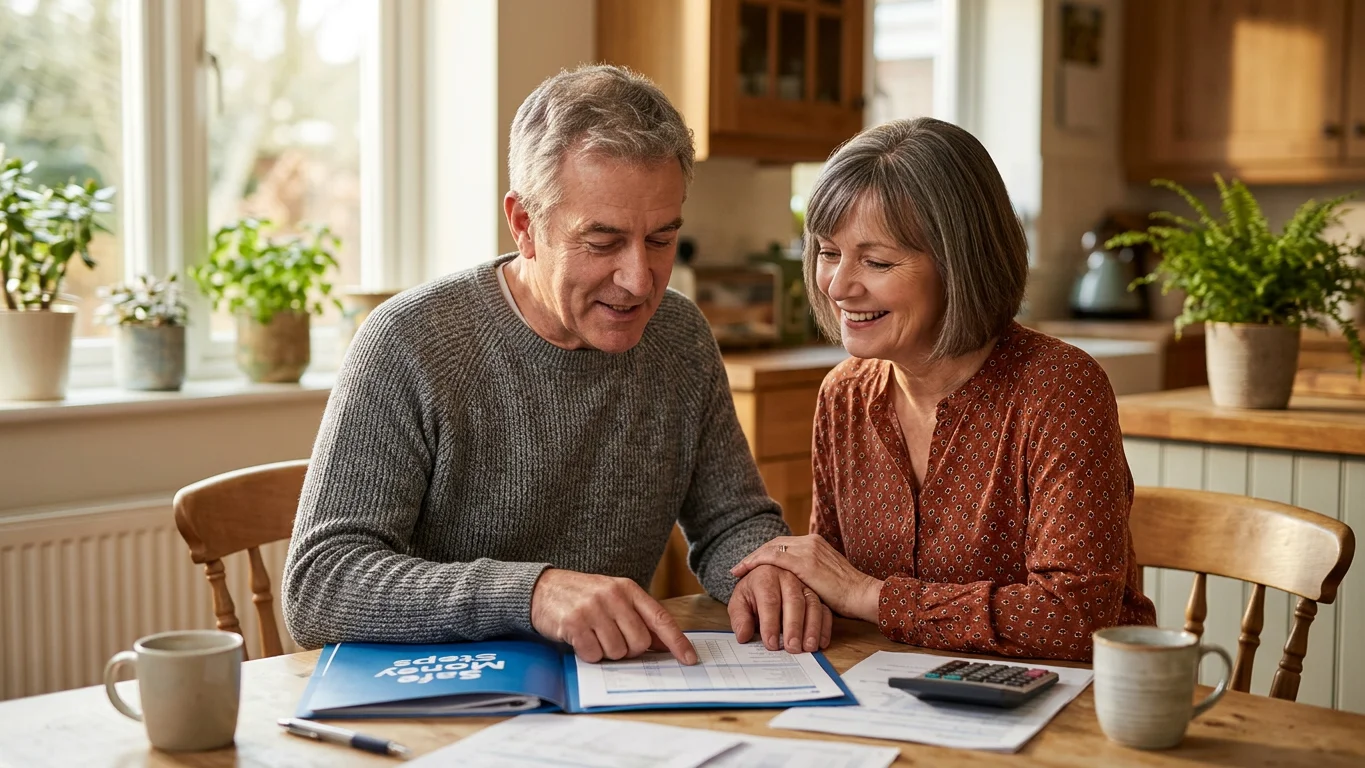 Supportive retired couple reviewing documents for spousal benefits in Tampa, sitting side by side at a sunlit kitchen table with palm trees visible outside