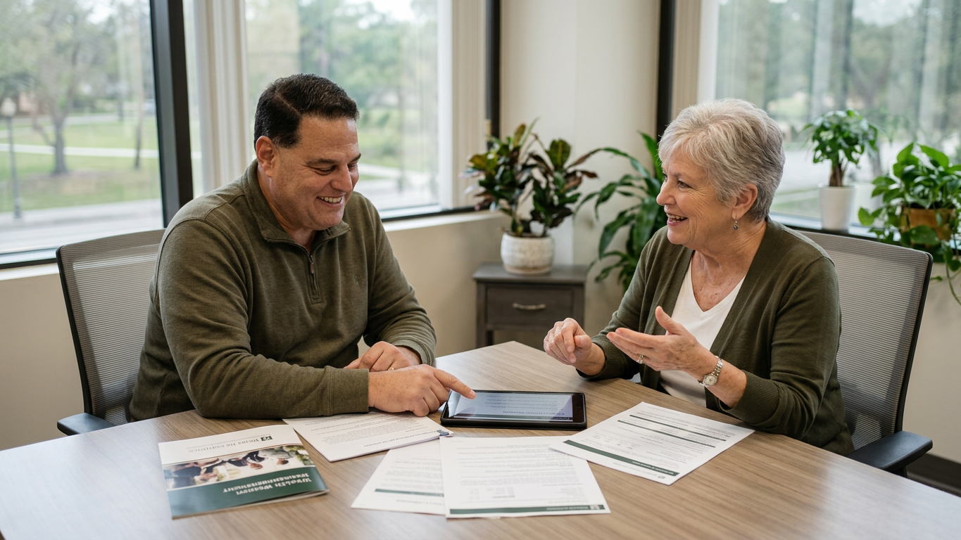 Kind financial advisor helping a recently widowed woman review survivor benefit paperwork in a Florida office with hopeful atmosphere