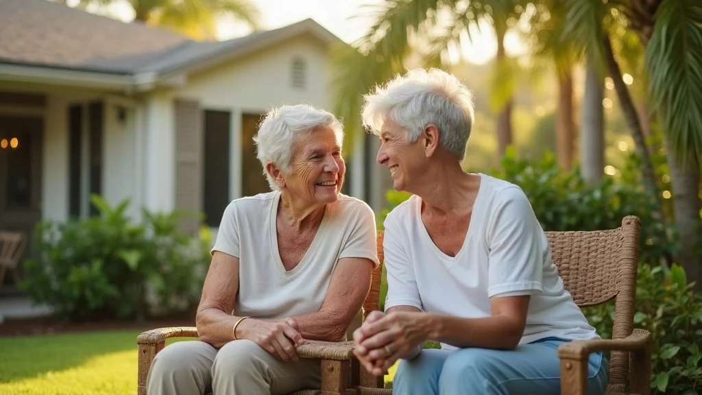 Welcoming Florida retirement home, couple relaxing on patio in sunny neighborhood featuring palm trees and well-kept lawns, warm daylight, and natural color palette.