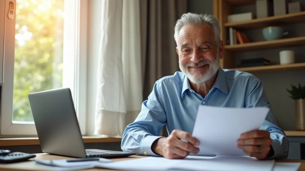 Retired man reviewing tax planning paperwork at home office, calculator and laptop on desk, Florida sun streaming through tidy window.