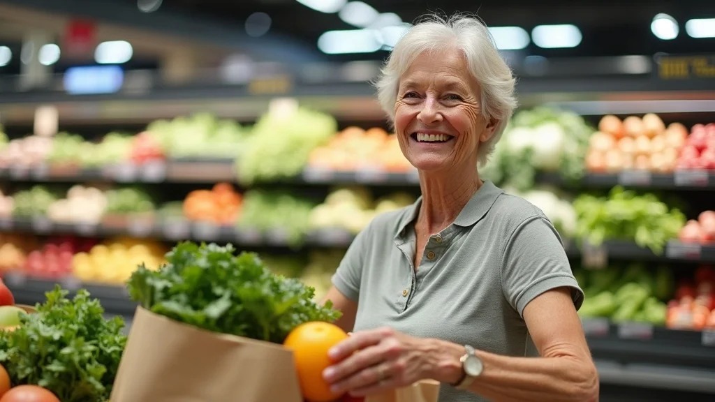 Cheerful senior shopping, placing groceries in reusable bag, bright Florida supermarket aisle with fresh produce, vibrant colors and content expression.