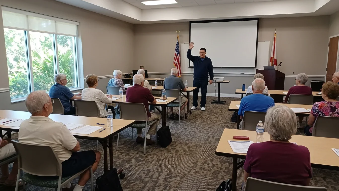 Attendees asking questions to retirement planning expert in Orlando near Tampa seminar