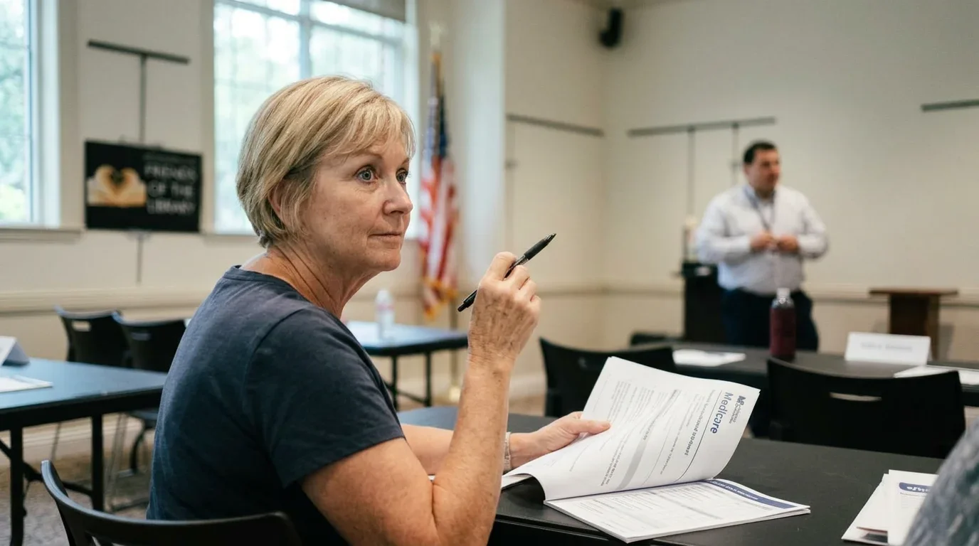 Diverse group engaging in a Medicare workshop near me in Florida, seated at tables with informational pamphlets in a bright Florida community center, natural sunlight, and greenery visible through the windows.