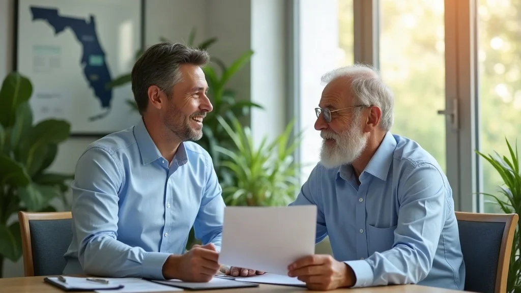 Financial planner and senior discussing Social Security planning in sunlit Florida office, map and tropical plants in background, friendly and empathetic expressions.