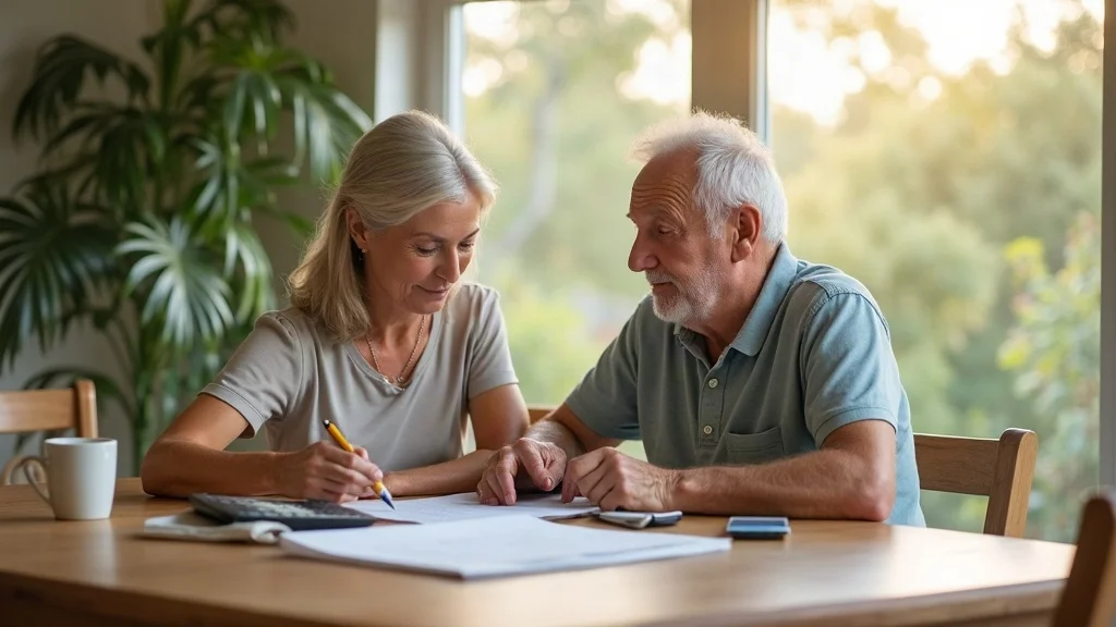 Retired couple planning finances, reviewing documents in cozy Florida home, sunlit windows with garden view, warm and collaborative scene.