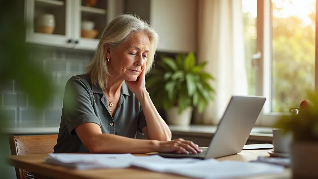 Widow sitting with Social Security benefit paperwork in Tampa FL, sunlit kitchen, hopeful expression, family memories present