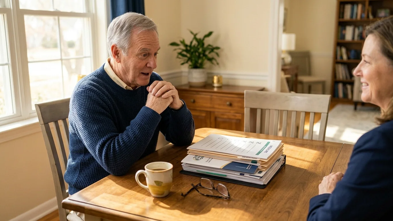 Professional Florida advisor and widow reviewing Social Security benefit documents, supportive expressions, in a brightly lit office with palm print décor and organized files.