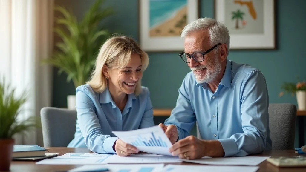 Financial advisor and retiree reviewing retirement charts in comfortable Florida office, smiling and discussing tax planning strategies.