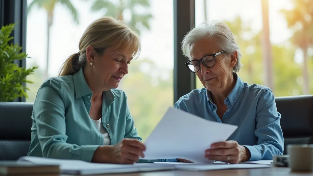 Advisor and widow discussing Social Security survivor benefits paperwork in Tampa FL office