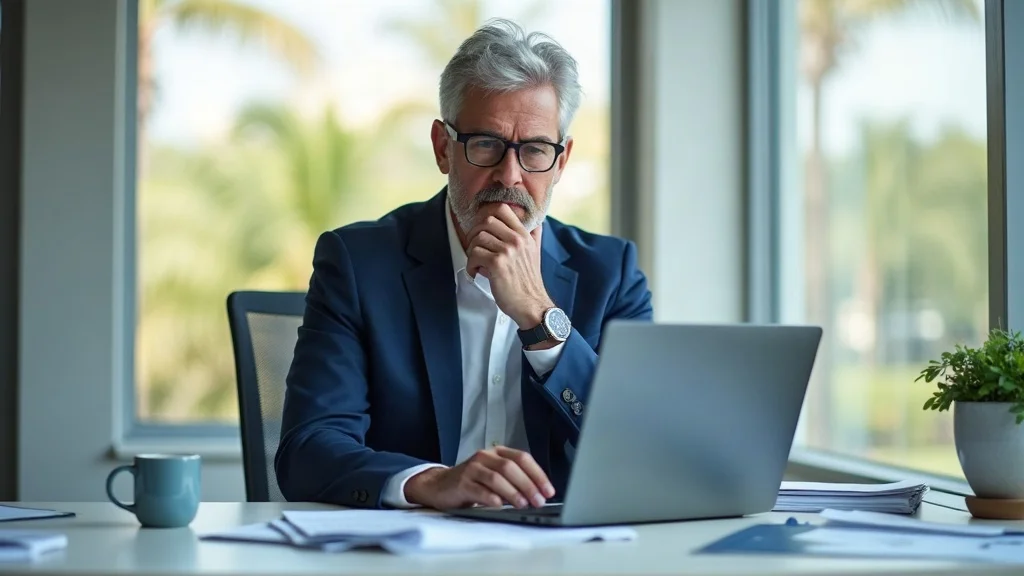 Thoughtful middle-aged professional considering what to do with 401(k) after leaving job in Tampa at desk with documents and laptop; palm trees visible through window
