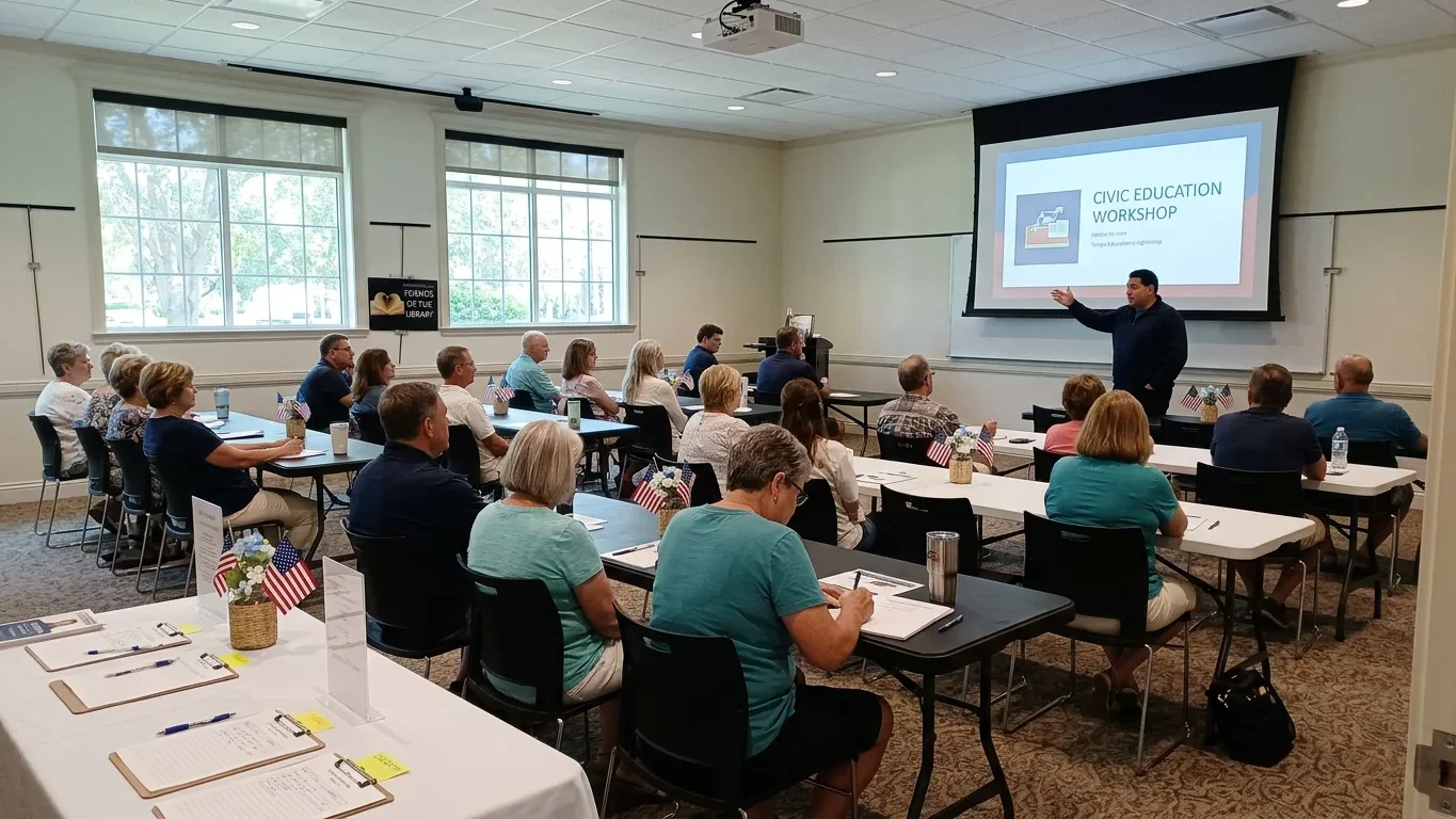 Retirement seminar Orlando Florida in a relaxed, welcoming conference center room with palm trees visible, natural light, and people greeting each other